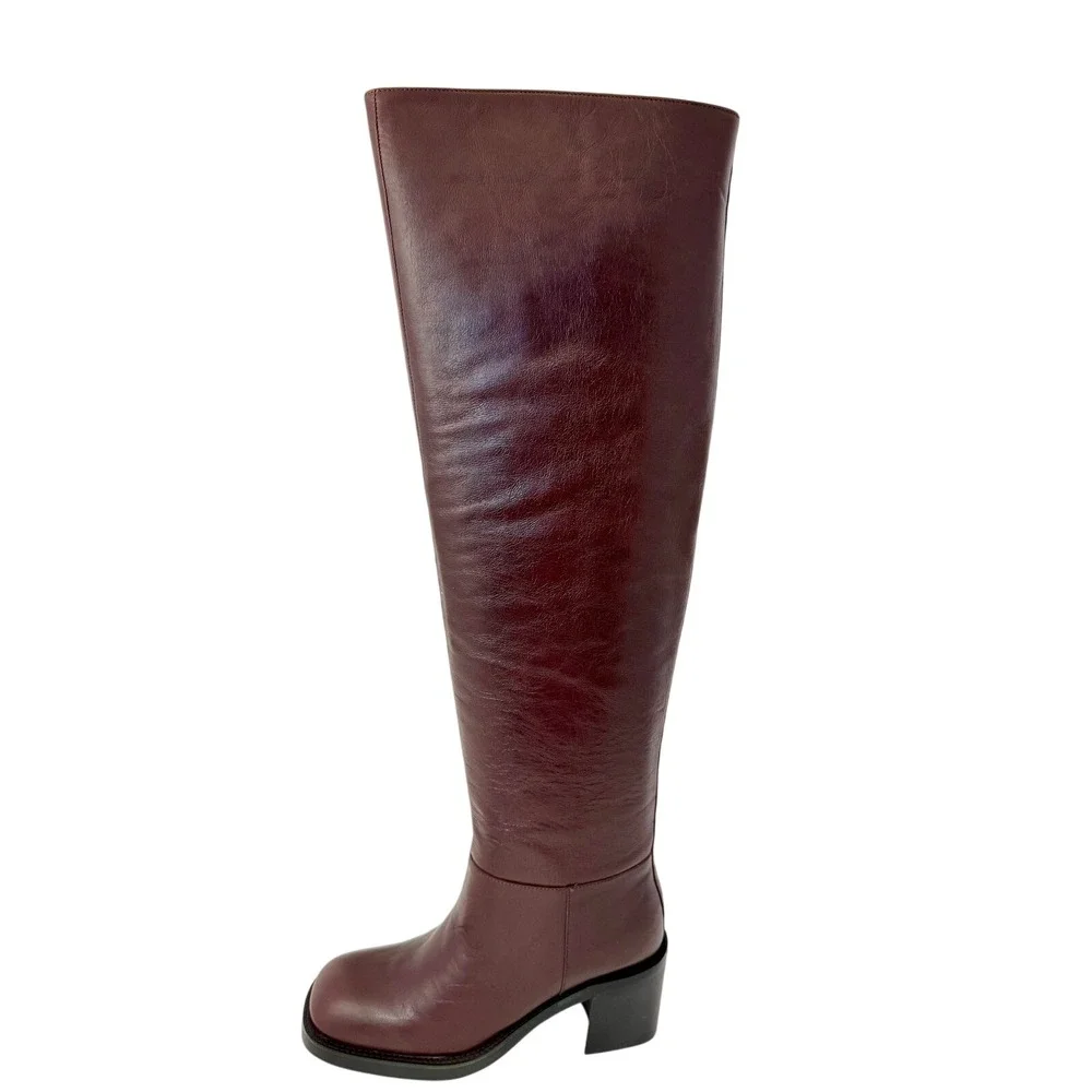 Jeffrey Campbell Vinyl Brown Over‎ The Knee Square Toe Heel Boots Womens 5.5 NIB